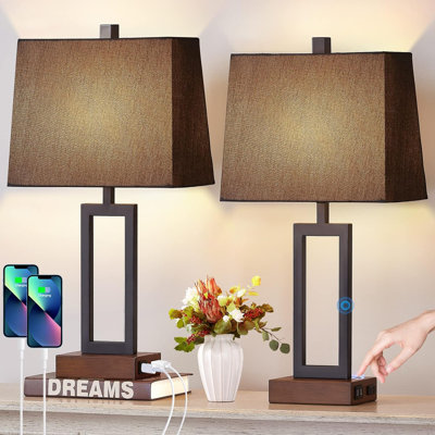Touch Control Table Lamps Set Of 2, Modern Bedside Lamps With 2 USB Charging Ports & AC Outlet, 3-Way Dimmable Wood Nightstand Lamp For Living Room Bedroom End Table Office Black(2 LED Bulbs Included)