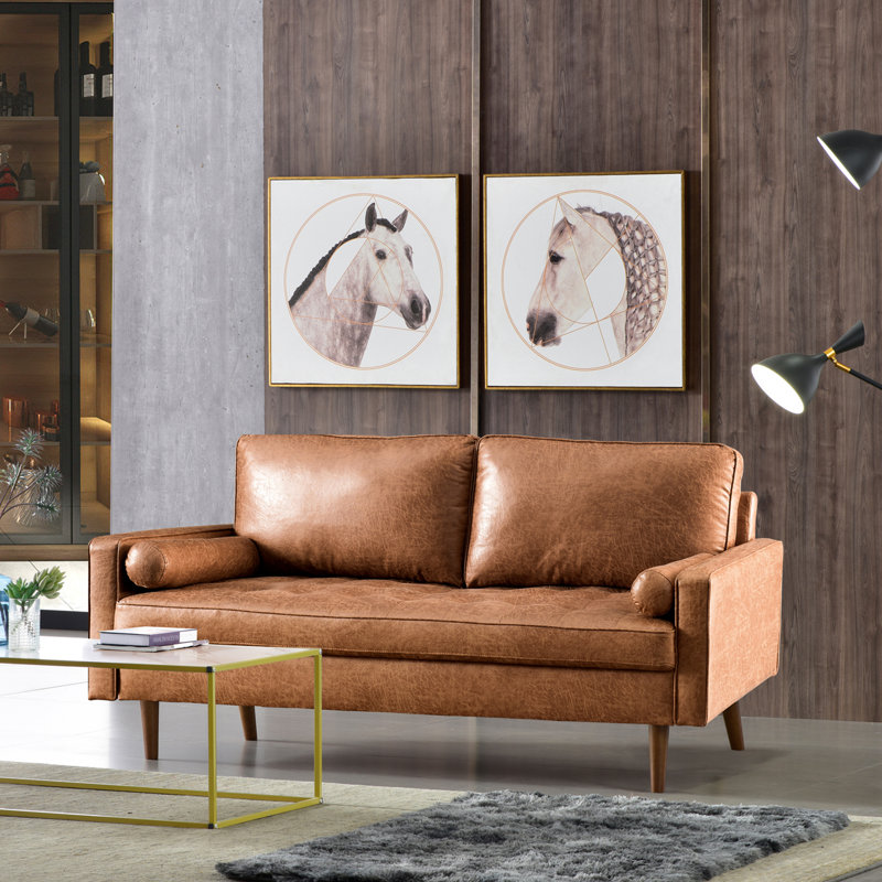 Aisha 70" Faux Leather Square Arm Loveseat, Light Brown Faux Leather