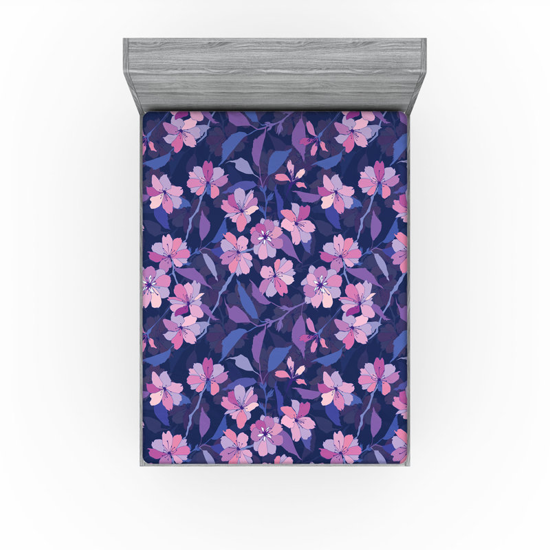 Drap-housse Ambesonne, Indigo, rose pâle, mauve / floral, Drap-housse de taille très grand
