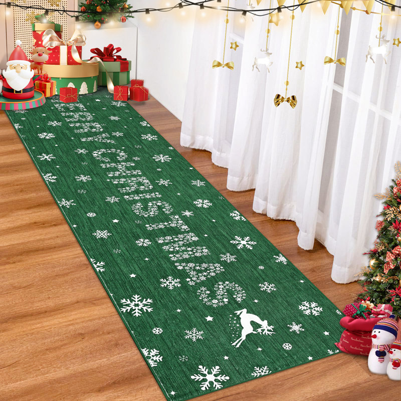 Christmas Runner Rug 2'x6' Snowflake Washable Rug Runners for Hallways Non Slip Soft Green Kitchen Runner Rugs for Bedroom Laundry Room