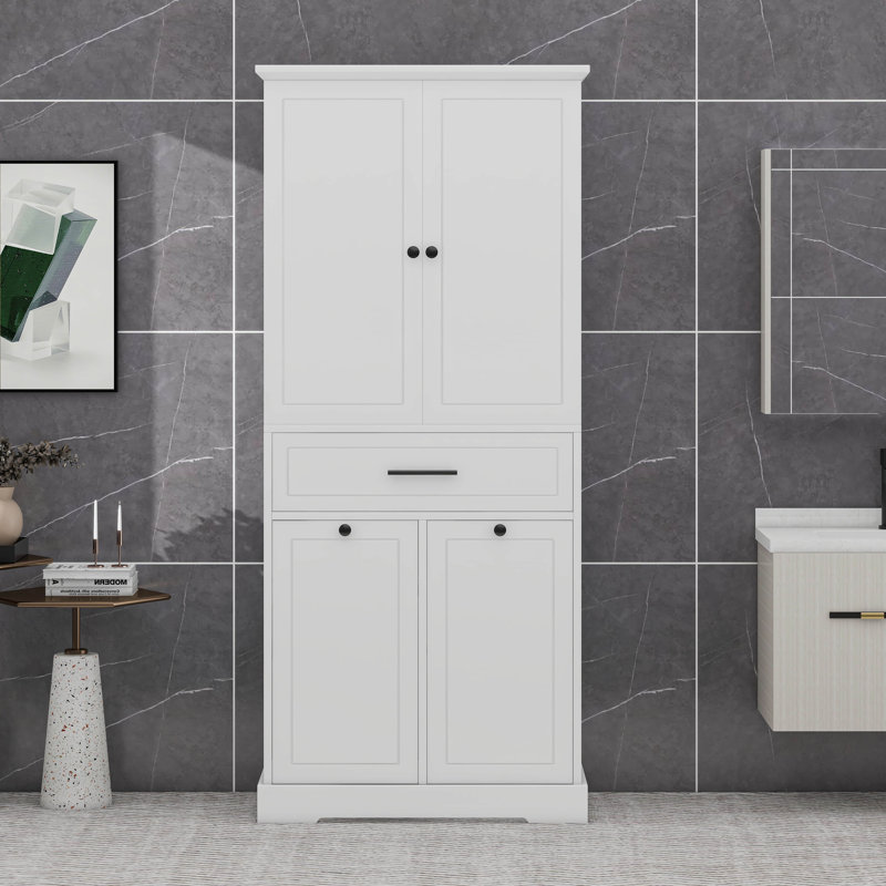 Armoire de rangement de salle de bain avec panier à linge inclinable, Blanc