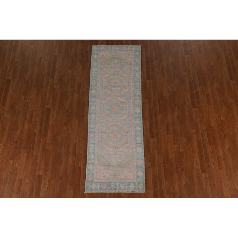 Tapis de couloir rose en laine noué à la main de conception unique 2 pi 8 po x 8 pi Oushak
