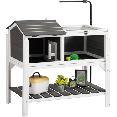 Tortue Habitat intérieur extérieur avec pieds amovibles et rangement sur tablette, cage à reptile en bois avec support de lampe réglable et plateau