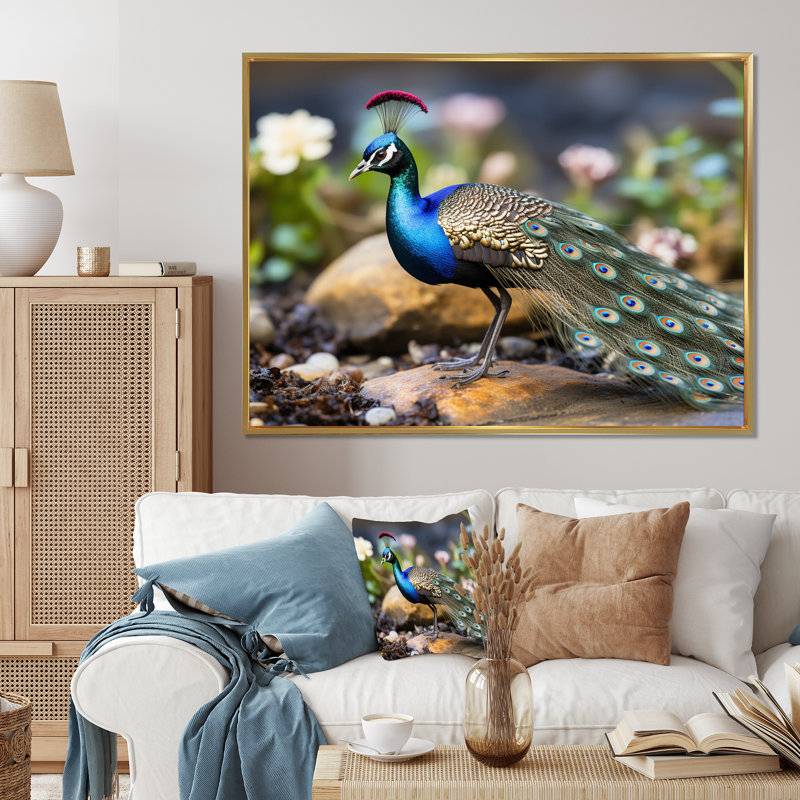 Portrait de paon bleu sur toile, H 16 po x l 32 po x P 1 po, Cadre flottant doré