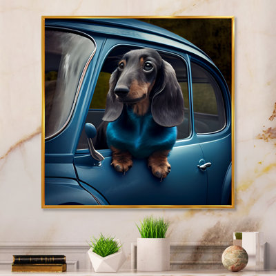 Portrait d'un teckel dans une voiture bleue III - reproduction sur toile