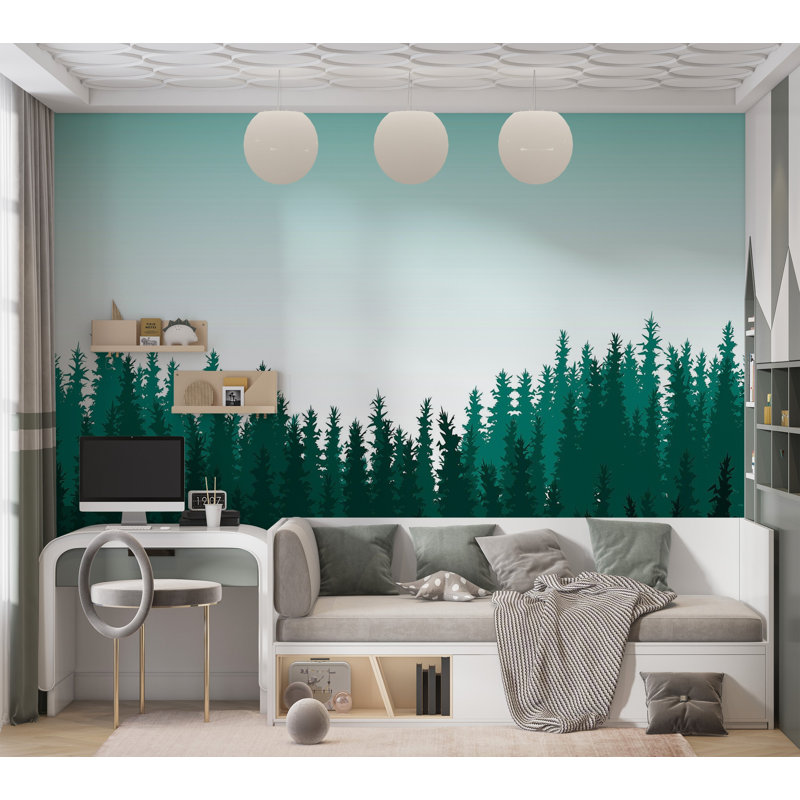 Papier peint de qualité supérieure - Silhouette de forêt, L 96 po x l 120 po