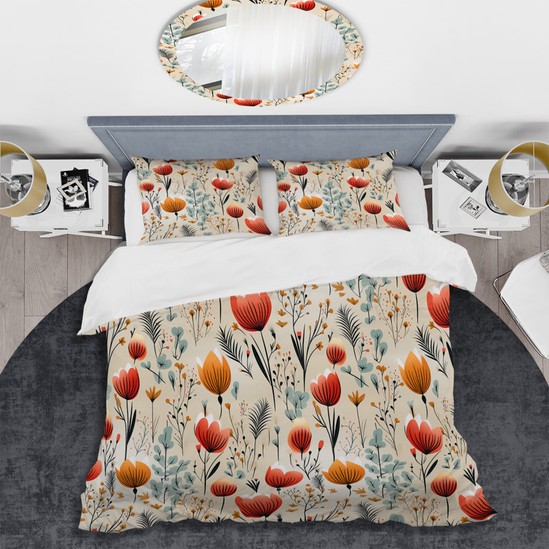 Ensemble de housse de couette à motif floral orange Meadow I, Housse de couette pour très grand lit et 2 très