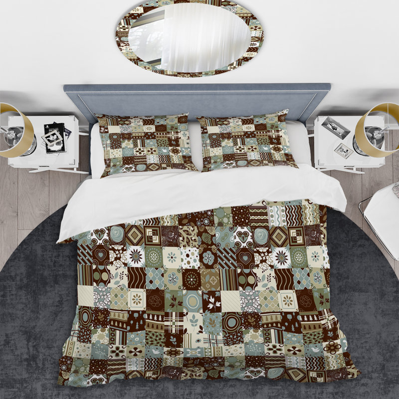 Brown Ornament Patchwork Polyester Geometric Shapes Duvet Cover, King Duvet Cover + 2 King Shams