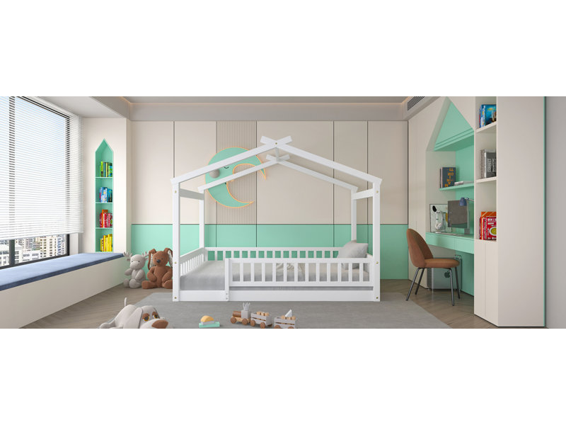 Wood House Bed Frame With Fence, Sturdy Pine Construction, Playful Design, White, Full