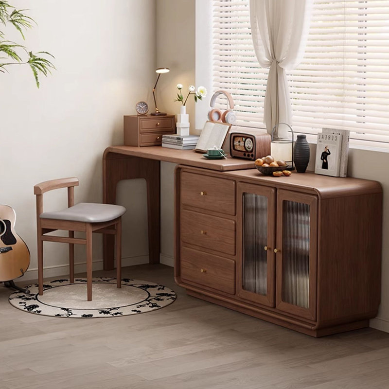 Bureau en L en bois massif intégré avec armoire de rangement