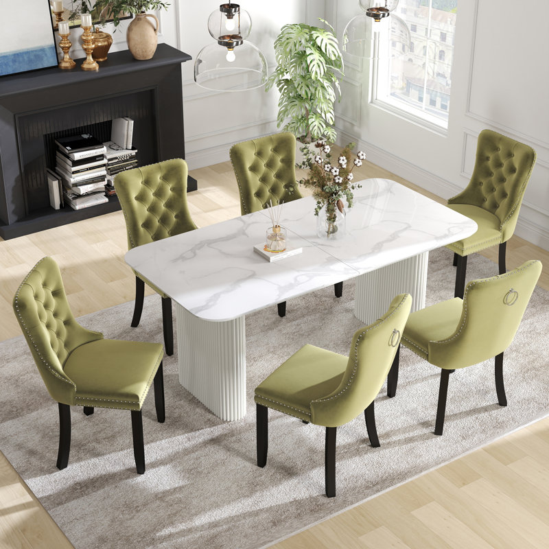 Ensemble de salle à manger rectangulaire à double piédestal avec table de salle à manger de style crème, Vert olive, 7