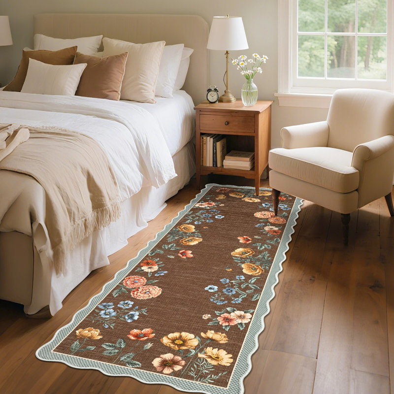 Farmhouse Floral Machine Washable Rug with Non Slip TPR Backing, Soft Non Shedding Scalloped Carpet, Low Pile Thin Floor Mats