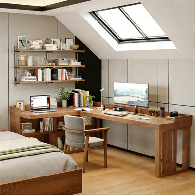 Modern L-Shaped Solid Wood Desk with Bookshelf