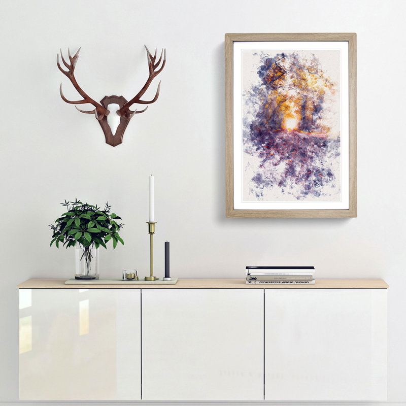 Forest Path In France Watercolour - Picture Frame Graphic Art, 63cm H x 45cm W x 2cm D, Oak Framed