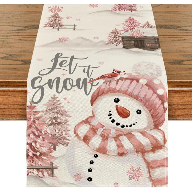 Xmas Trees Let It Snow Blue Snowman Christmas Table Runner, Seasonal Winter Holiday Kitchen Dining Table Decoration For Home Party Decor