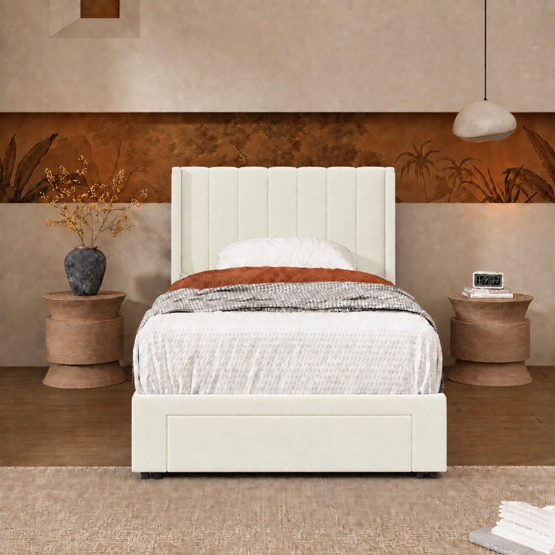 Lit plateforme avec rangement Jeilyn, Simple, Crème