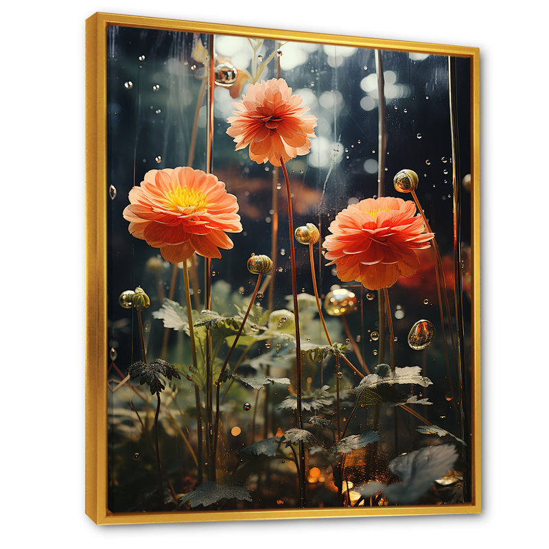 "Fleurs de zinnias orange et vertes", Cadre flottant doré, H 44 po x l 34 po x P 1,5 po