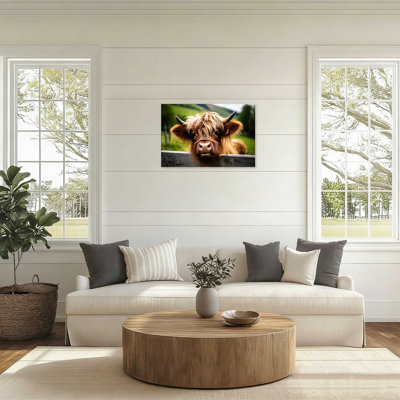 12" X 18" Brown Cute Highland Cow And Wooden Fence Canvas Wall Art Decor