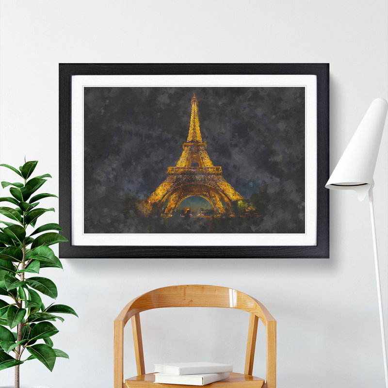 The Eiffel Tower in France at Night - Picture Frame Painting Print, 45cm H x 63cm W x 2cm D, Black Framed