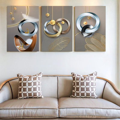 3 Pieces Modern Abstract Large Wall Art with Geometric Shapes and Metallic Accents, Three Pieces Wall Art for Living Room, Bedroom, and Office Decor