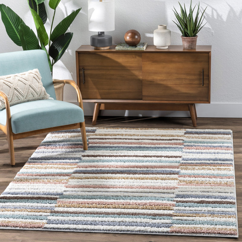 Light Blue Striped Reversible Shag Synthetic Rug 47" x 63"