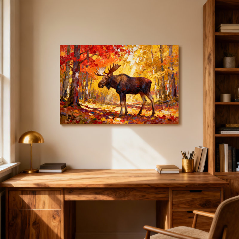 Peinture d'orignal de Noël dans une forêt d'automne, H 20 po x l 30 po