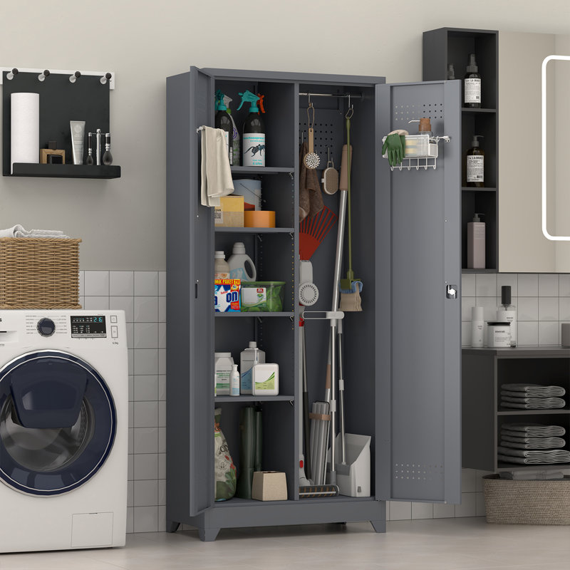Metal Tool Storage Cabinet, Broom Closet With Hooks, 72.8" Tall Garage Cabinet With Shelves, Heavy-duty Cleaning Storage For Utility Room, Gym, Office, Garage