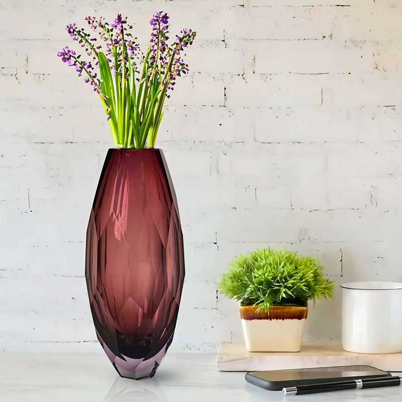 Ava Art Deco Cut Glass Table Vase with Faceted Geometric Design, 11-Inch Decorative Accent Vase, Plum, 11", Plum