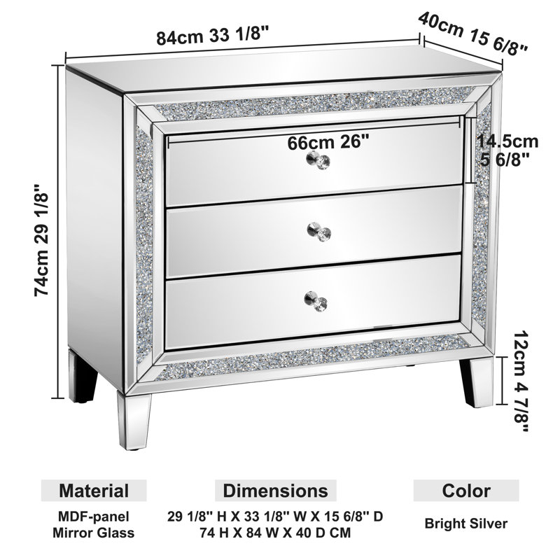 Amla 33" W Large Mirrored Glass Nightstand Crystal Bedroom Decor