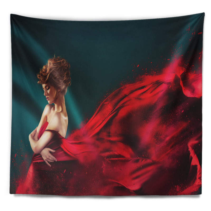 Femme, voler, tapisserie robe rouge Abstract, H 78 po x l 92 po