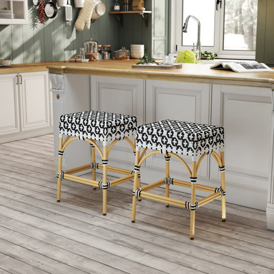 Coastal PE Woven Bar Stools - Indoor/Outdoor Boho Stools With Footrest - Tri-Color Block Patterns