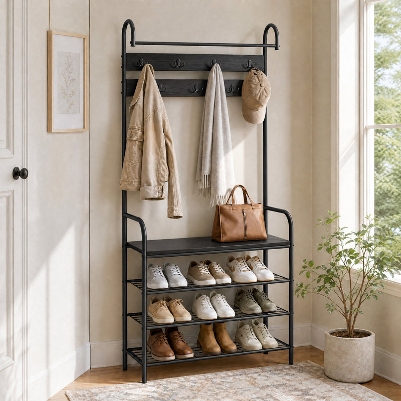 Porte-manteau d'entrée de 180 cm avec banc à chaussures, rangement à chaussures à 3 niveaux avec tringle et 7 crochets, structure en métal, noir.