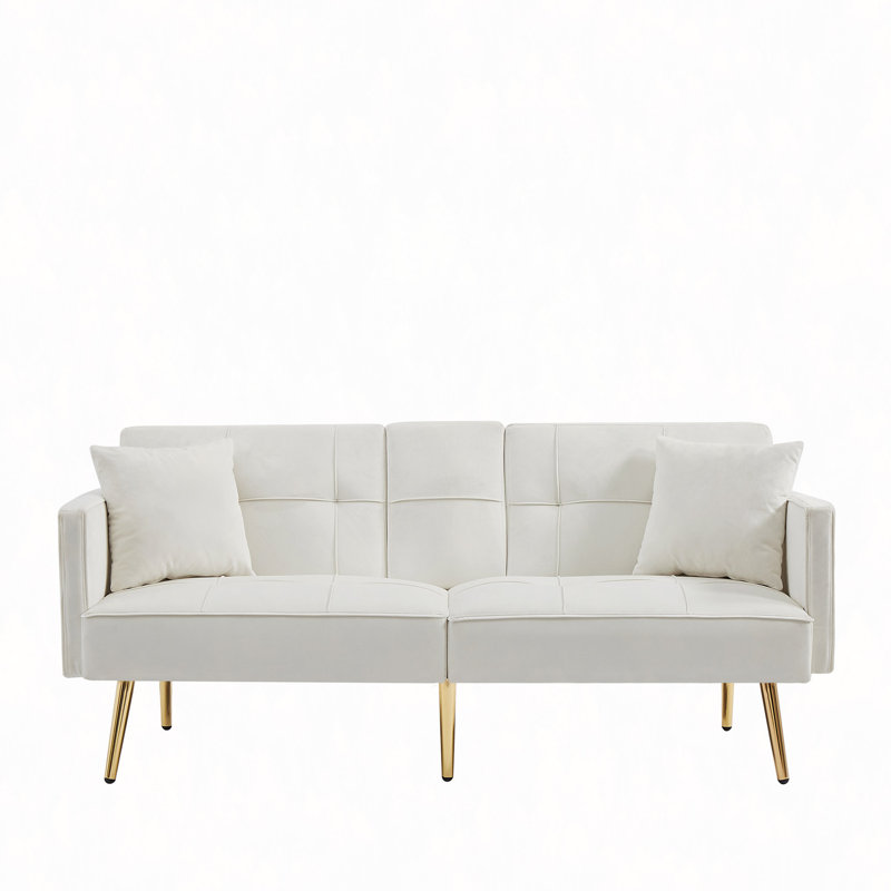 Velvet Futon Sofa Bed With Metal Legs, Cream White