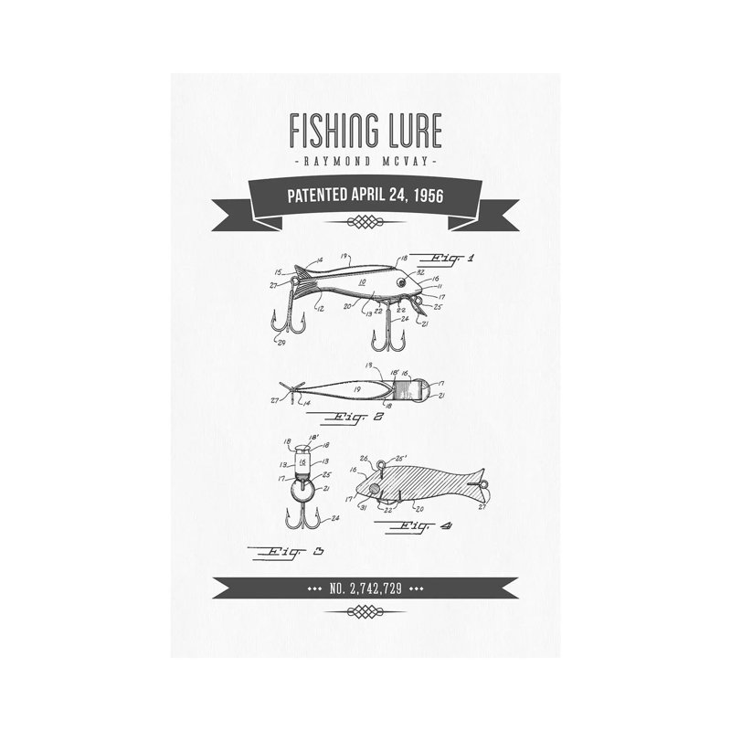Raymond McVay Fishing Lure Patent Sketch Retro (Charcoal) I by Aged Pixel - Wrapped Canvas Print