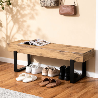 Banc en bois de 59 pouces de ton naturel, idéal pour la chambre à coucher, la cuisine, le rangement des chaussures de l'entrée, le dessus, les pieds en métal, les instructions d'installation sans effort