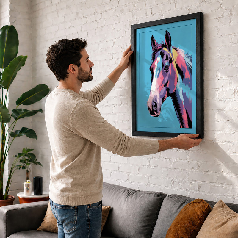Vibrant Horse Portrait Modern - Framed Print, Oak, A3 - 42.0 x 29.7 cm
