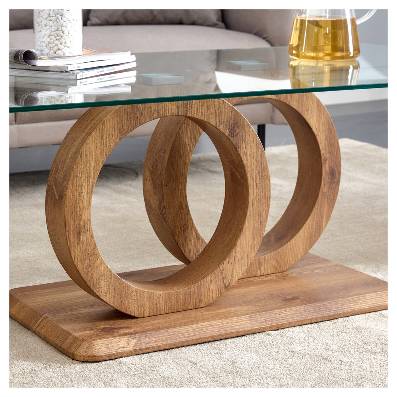 Table basse moderne moderne avec plateau en verre trempé et base en bois emboîtable pour le salon