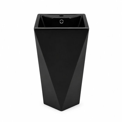 Modern Geometric Square Freestanding Pedestal Bathroom Sink, 18.5"×18.5"×33.07" Matte Black Vitreous China One‑Piece Wash Basin for Home, Balcony and Hotel, Faucet, Drain & Accessories Excluded
