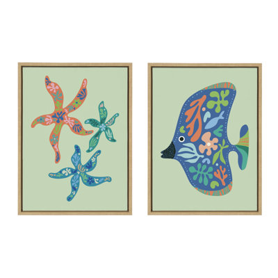 «Modern Colorful Starfish and Modern Colorful Tropical Fish» par Rachel Lee, ensemble de 3 toiles encadrées