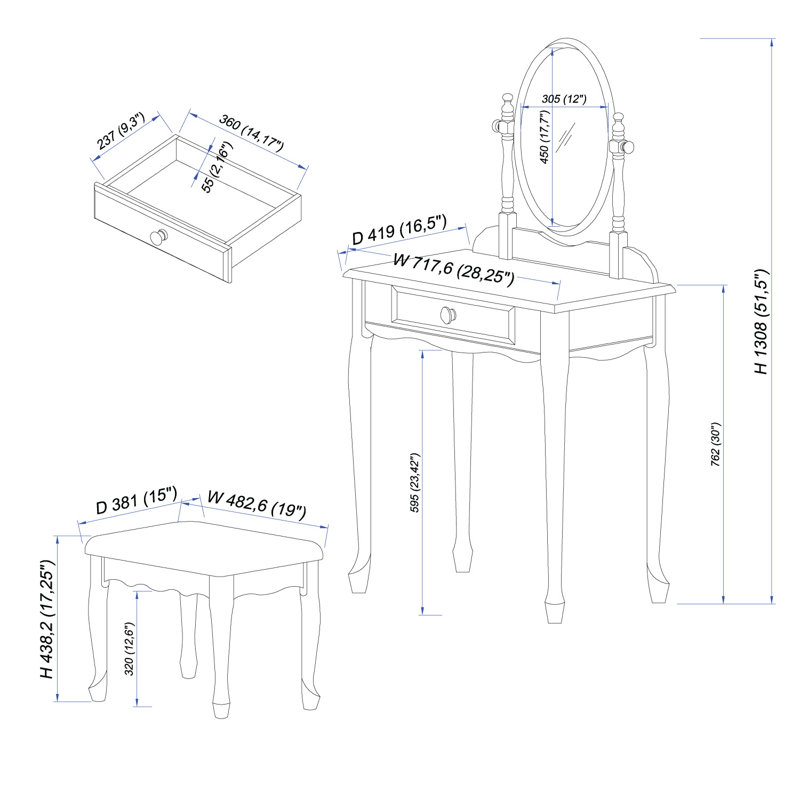 Ensemble de coiffeuse avec miroir Bayly
