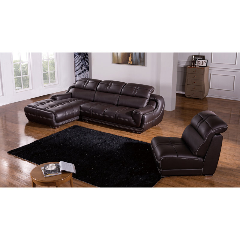 Upholstered L-Shaped Sectional, Right Hand Facing, Dark Brown Genuine Leather