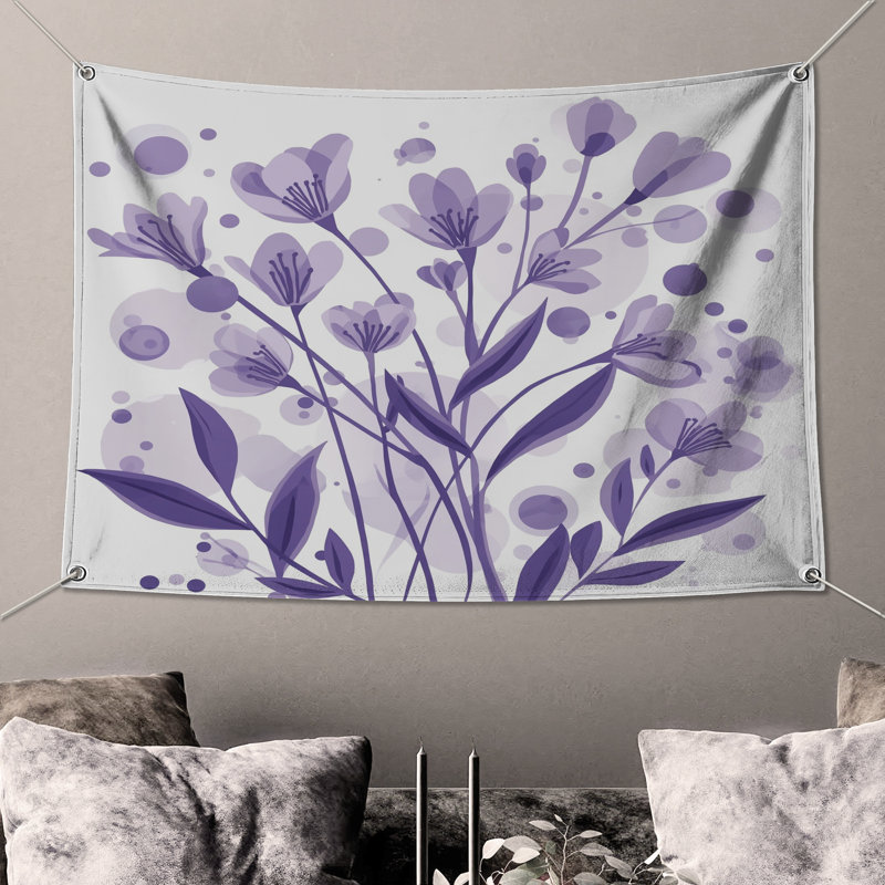 Tapisserie murale fleurs florales mauves - décoration murale fleurs, 50in H x60in W with 4 Grommets
