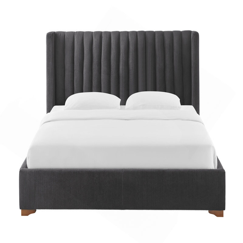 Structure de lit double pleine grandeur de conception moderne avec plateforme de lit grand et tapissier avec tête de lit en velours côtelé, lattes en bois, sans sommier, sommier, noir