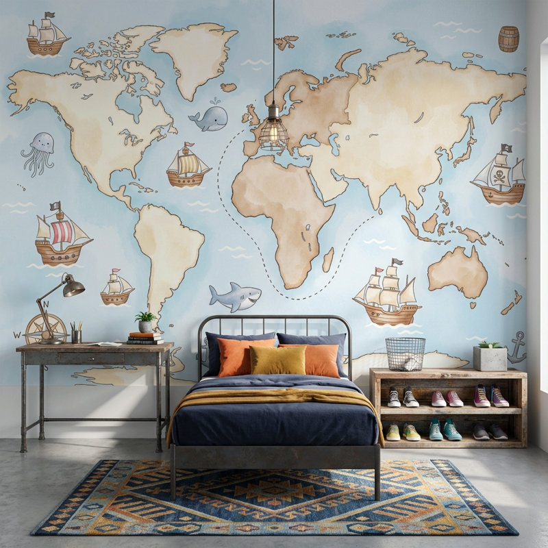 Papier peint carte du monde océan nautique, Non tissé, 160 po x 108 po