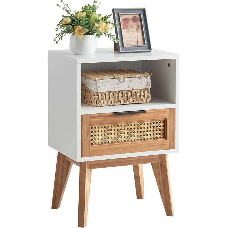 Nightstand, Boho Side Table with Drawer Open Shelf