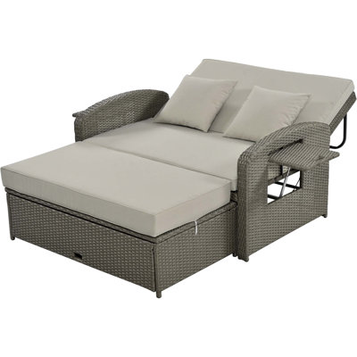 Wicker Rattan Double Chaise Lounge, 2-Person Reclining Daybed With Adjustable Back And Cushions, Free Furniture Protection Cover