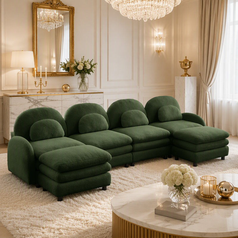 Canapé modulaire à 4 places en tissu Teddy avec dossier incurvé, repose-pieds mobile, rembourrage double couche et soutien lombaire ergonomique.