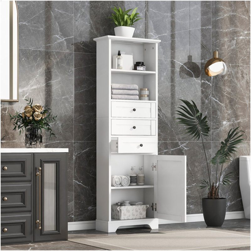 White Tall Storage Cabinet With 3 Drawers And Adjustable Shelves For Bathroom, Study, Office And Interior, MDF Board With Painted Finish 