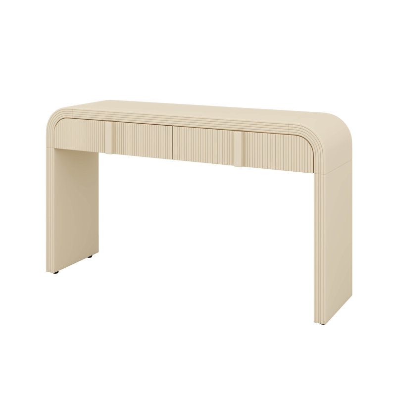Console moderne avec 2 tiroirs de rangement, table d'entrée cannelée à silhouette arrondie, patins réglables, Crème abricot
