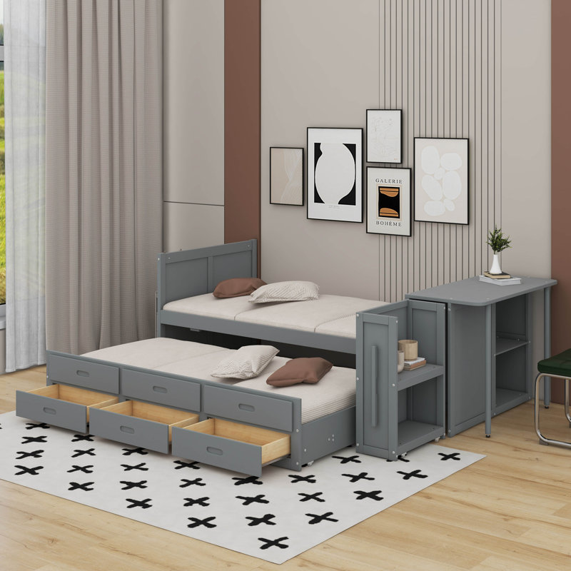 Lit plateforme simple en bois avec bureau et tablette de rangement, Gris